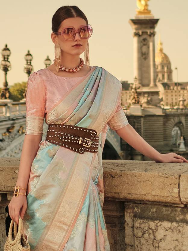 Banarasi Woven Satin Silk Blend Saree with Tassels – Unstitched Blouse Piece