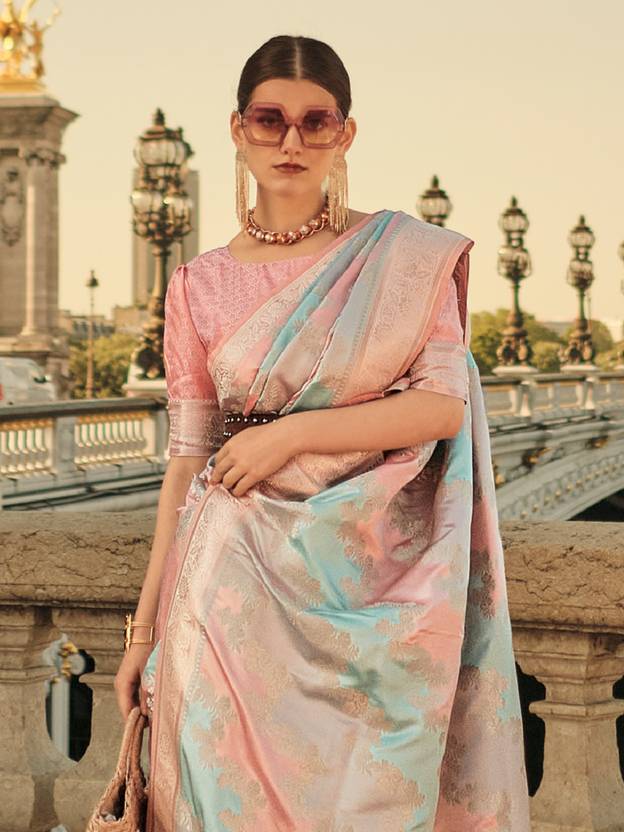 Banarasi Woven Satin Silk Blend Saree with Tassels – Unstitched Blouse Piece
