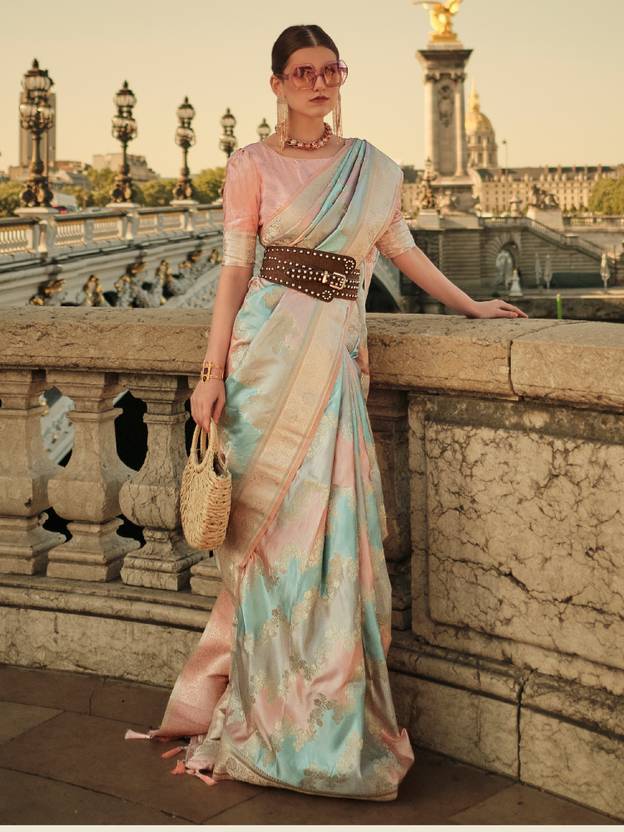 Banarasi Woven Satin Silk Blend Saree with Tassels – Unstitched Blouse Piece