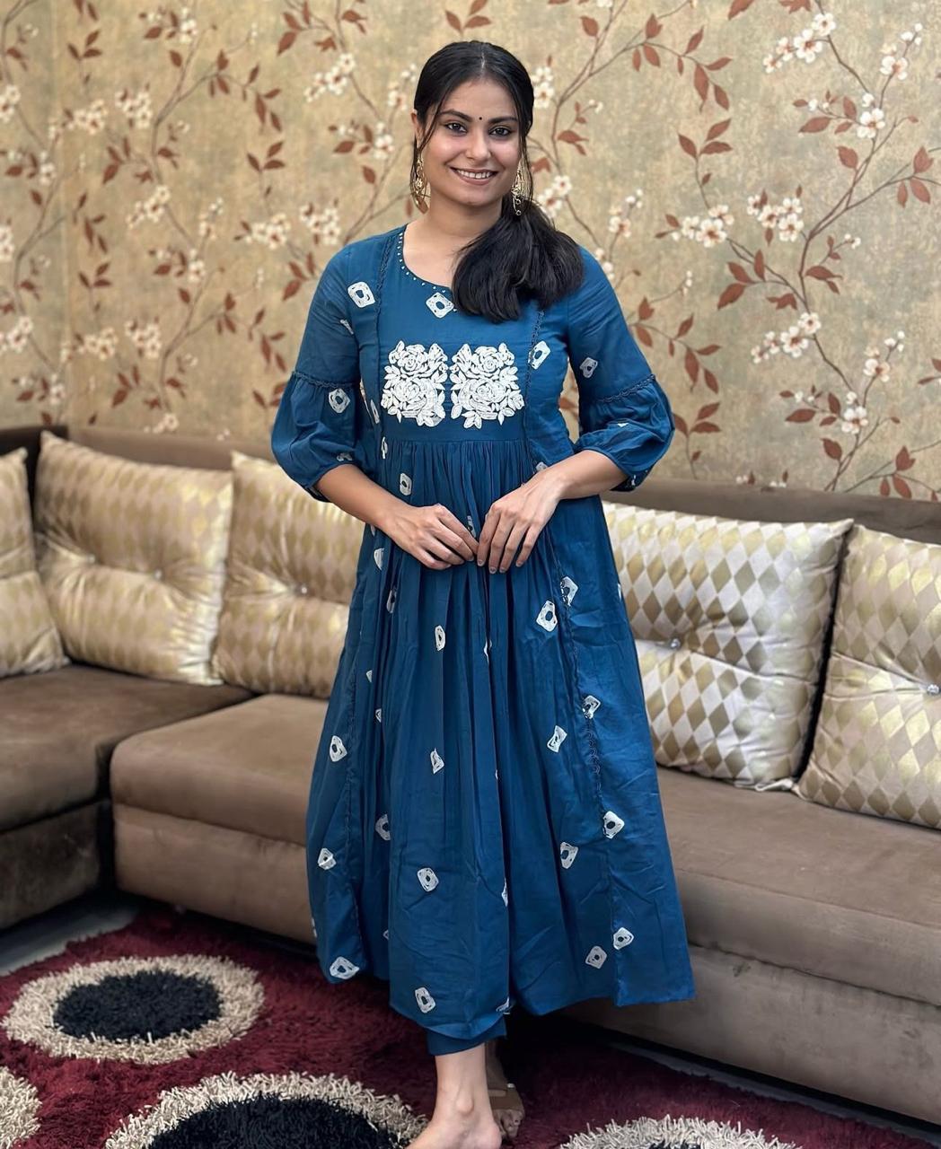 Bandage Discharge Print Cotton Kurta Pant Set with Adda & Embroidered Lace Work