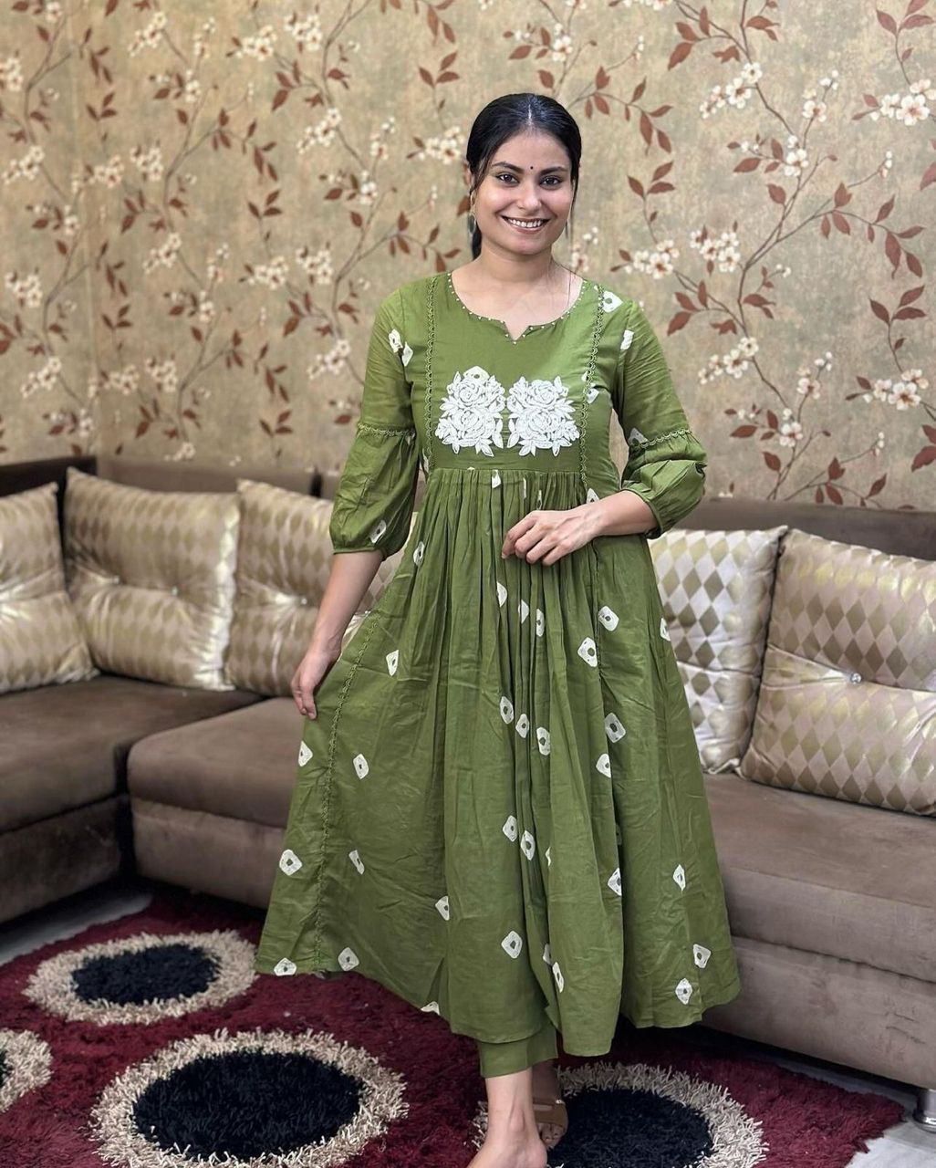 Bandage Discharge Print Cotton Kurta Pant Set with Adda & Embroidered Lace Work