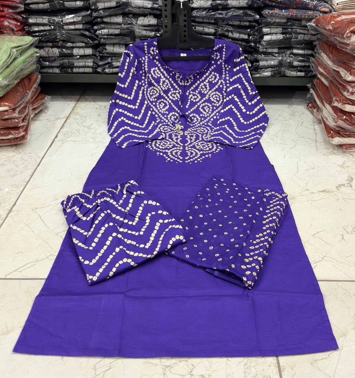 Bandhani Discharge Printed Cotton Suit Set with Pant & Dupatta