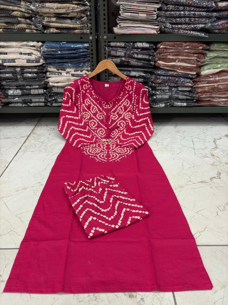 Bandhani Discharge Printed Cotton Suit Set with Pant & Dupatta