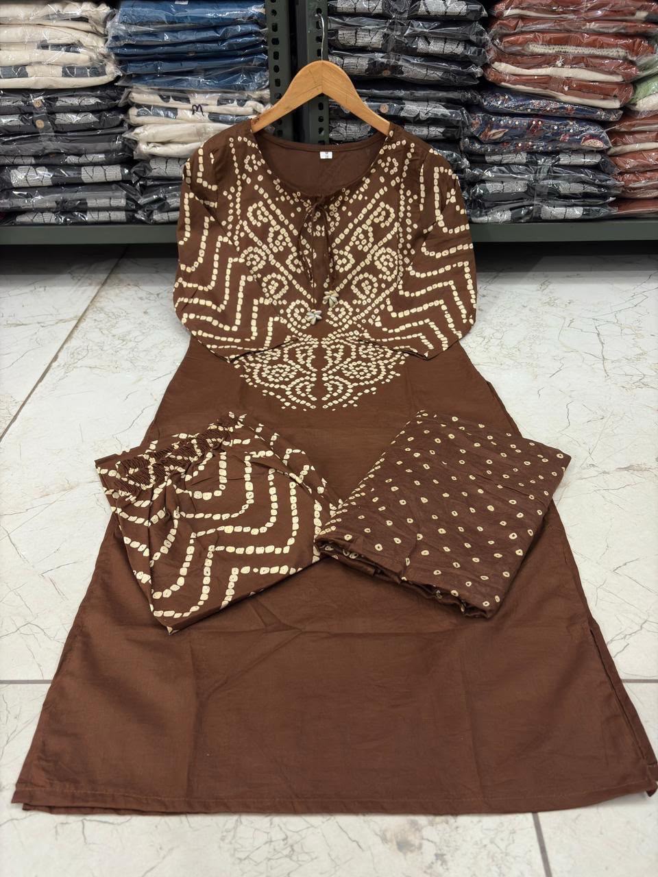 Bandhani Discharge Printed Cotton Suit Set with Pant & Dupatta