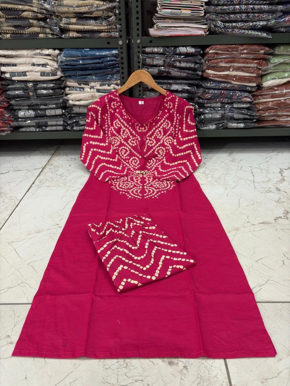 Bandhani Discharge Printed Cotton Suit Set with Pant & Dupatta