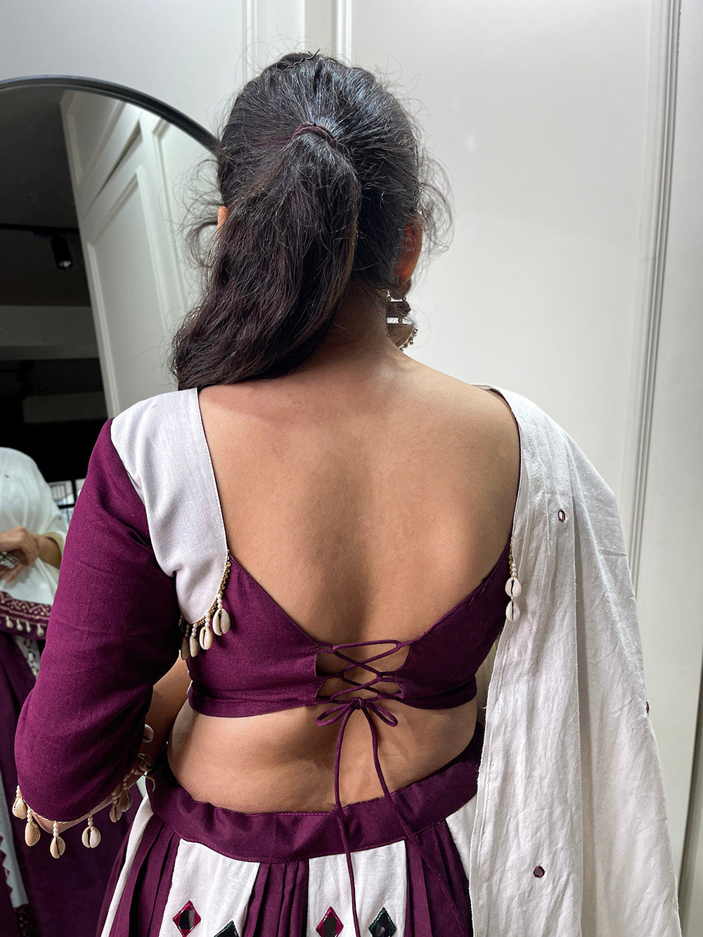 Wine Color Original Mirror Work With Bandhani Printed Cotton Chaniya Choli