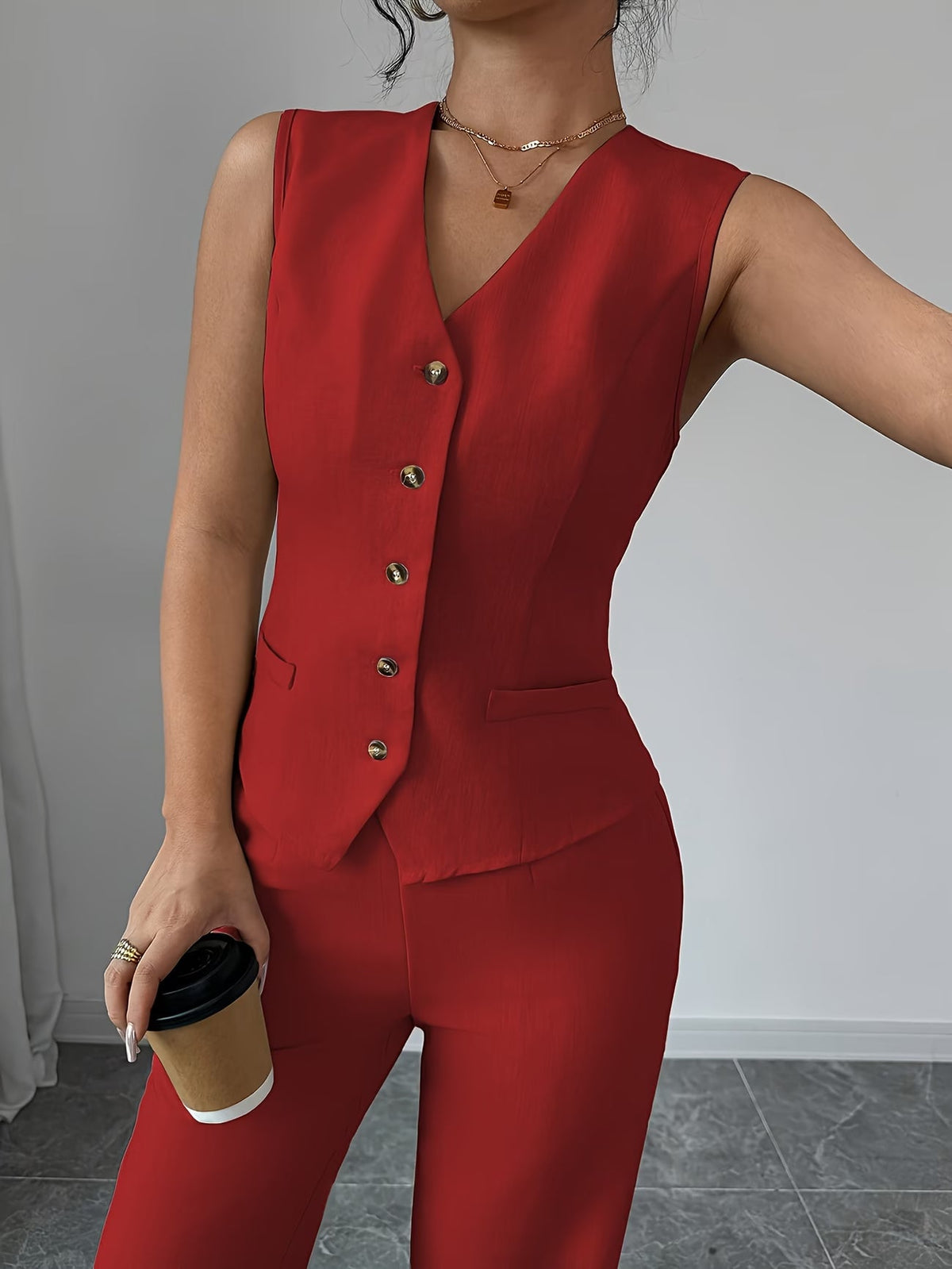 Women's Sleeveless Waist-Cinched Vest & Wide-Leg Pants Two-Piece Set