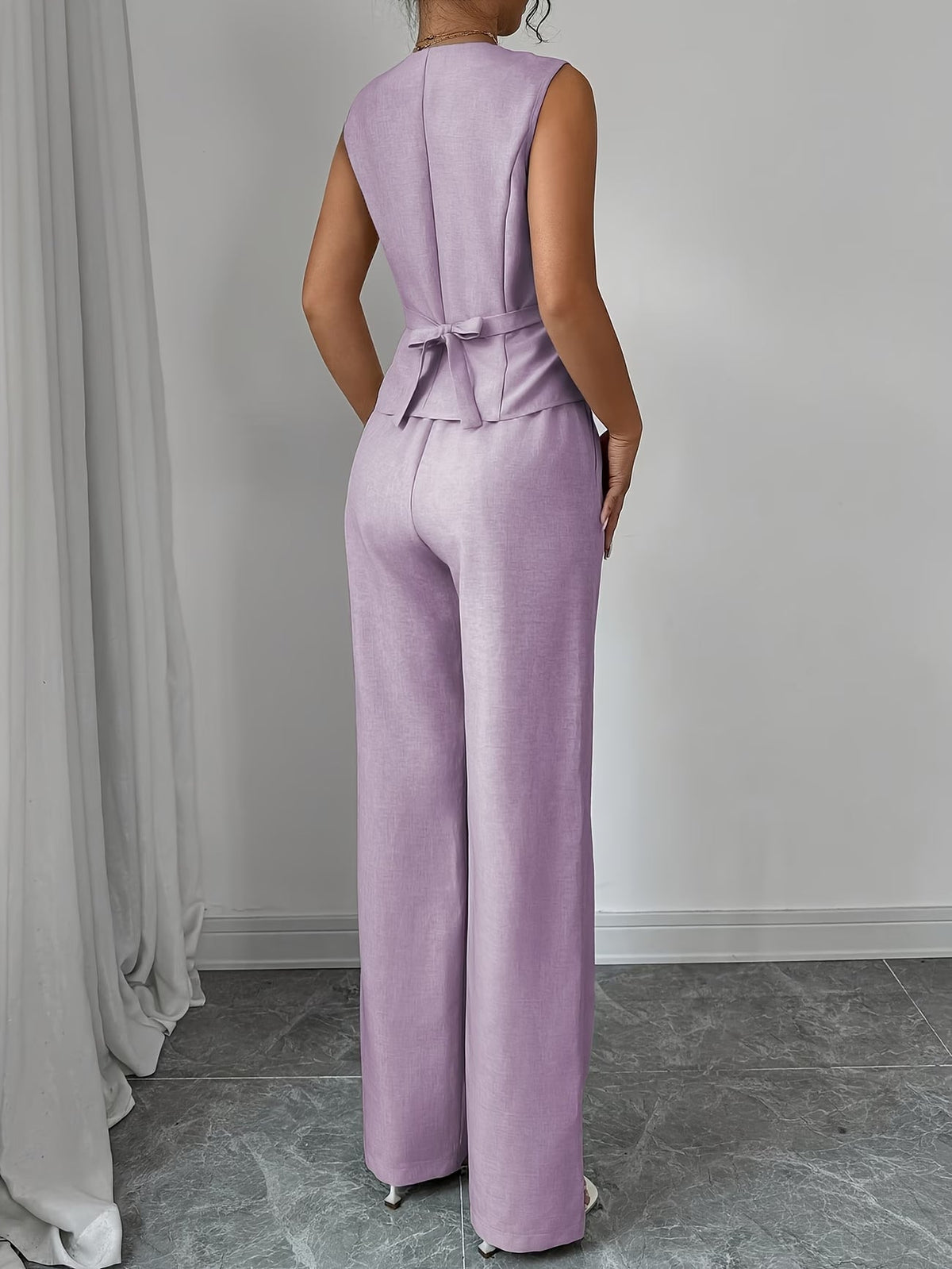 Women's Sleeveless Waist-Cinched Vest & Wide-Leg Pants Two-Piece Set