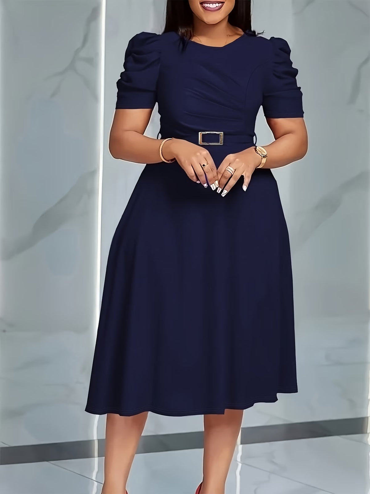Women's Elegant V-Neck Ruffle Midi Dress with Waist Belt