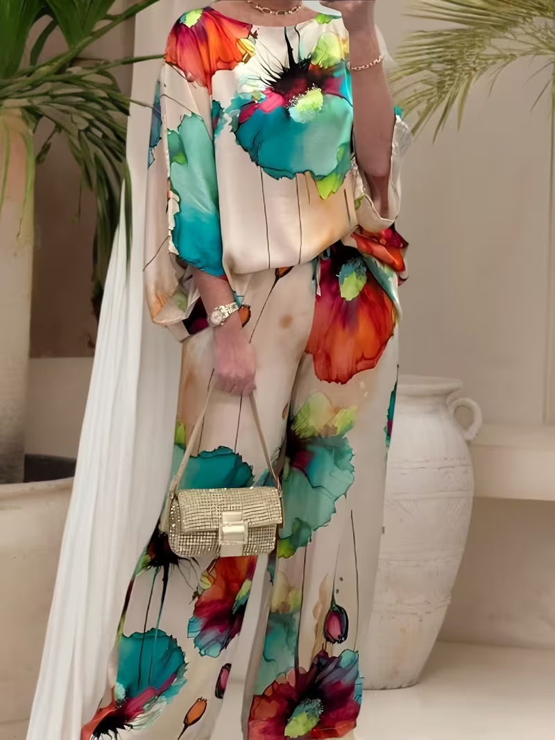 Women’s Plus-Size Casual 2-Piece Set – Off-Shoulder Batwing Top & Printed Pants
