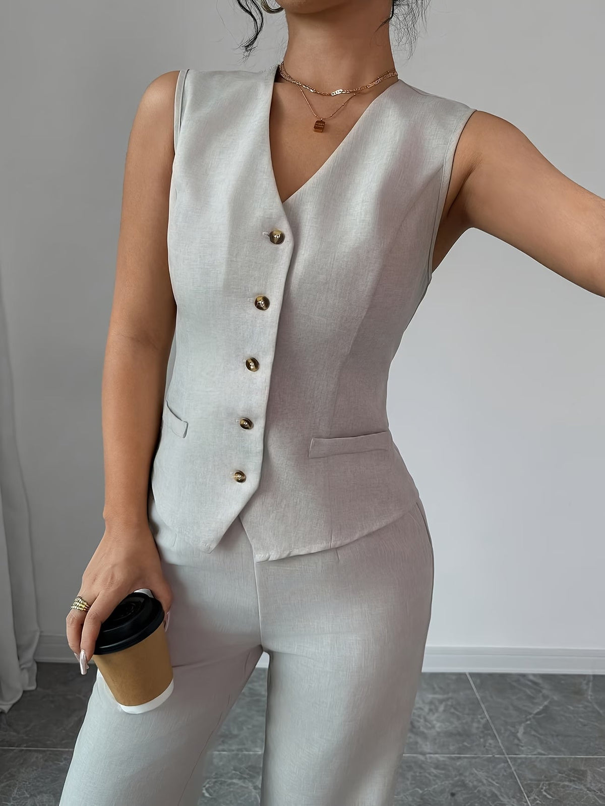Women's Sleeveless Waist-Cinched Vest & Wide-Leg Pants Two-Piece Set