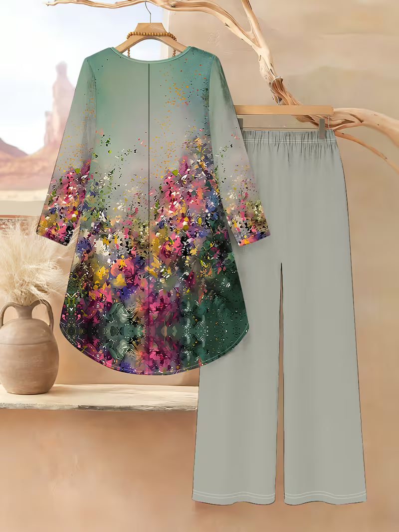 Women’s Long-Sleeve Floral Suit – Light Red Flowers on Gray, Casual & Vacation Wear