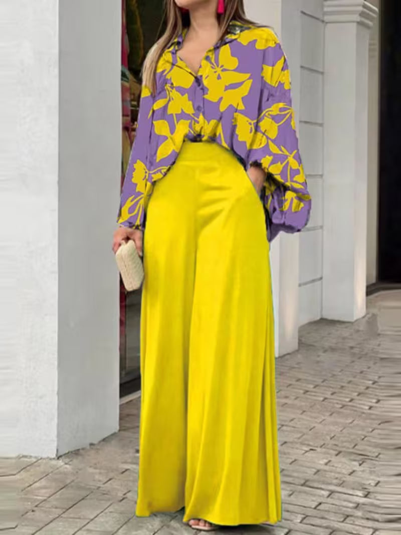 Women’s Printed Shirt & Wide-Leg Trousers Set – Casual Fashion Outfit