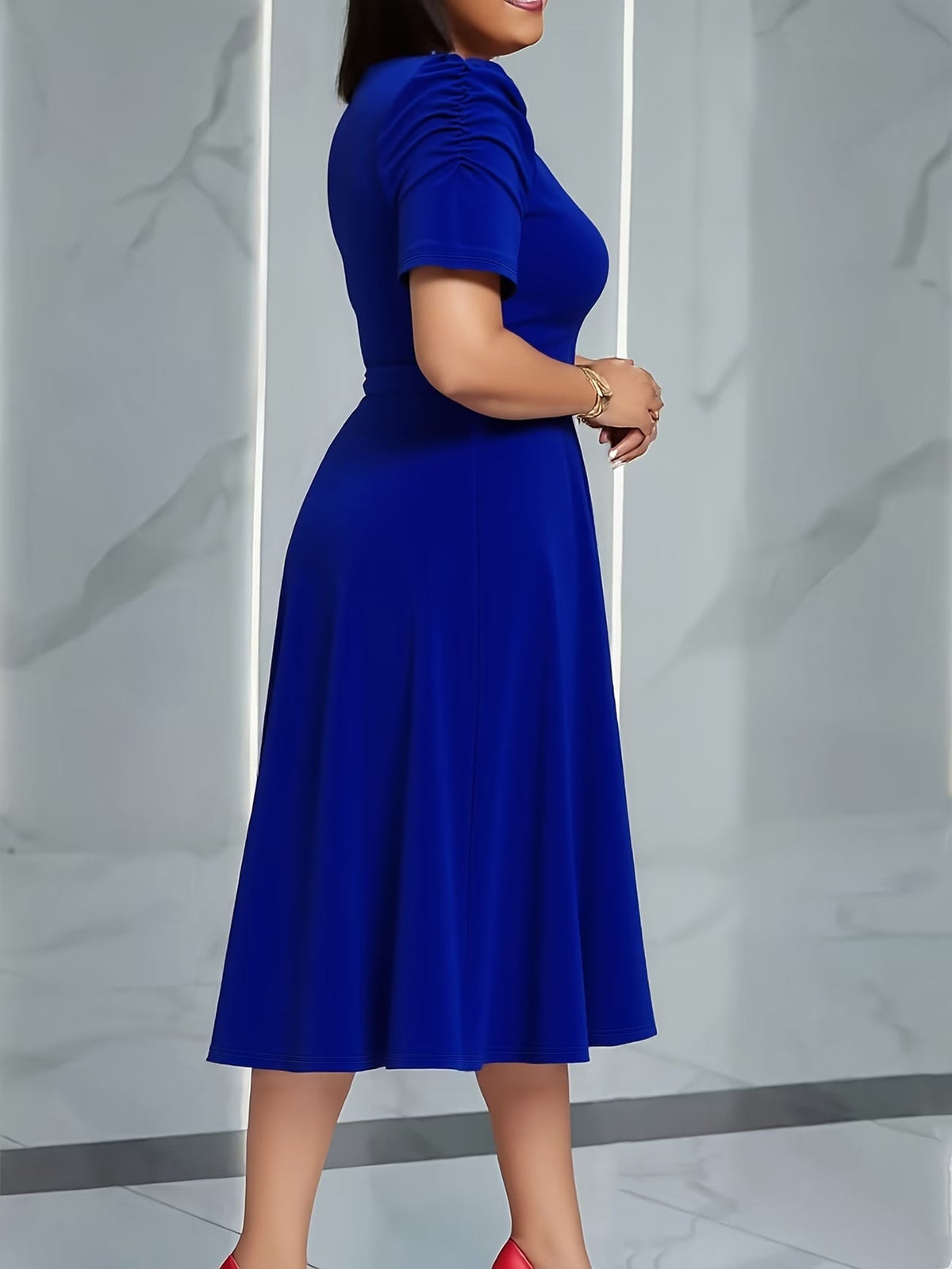 Women's Elegant V-Neck Ruffle Midi Dress with Waist Belt