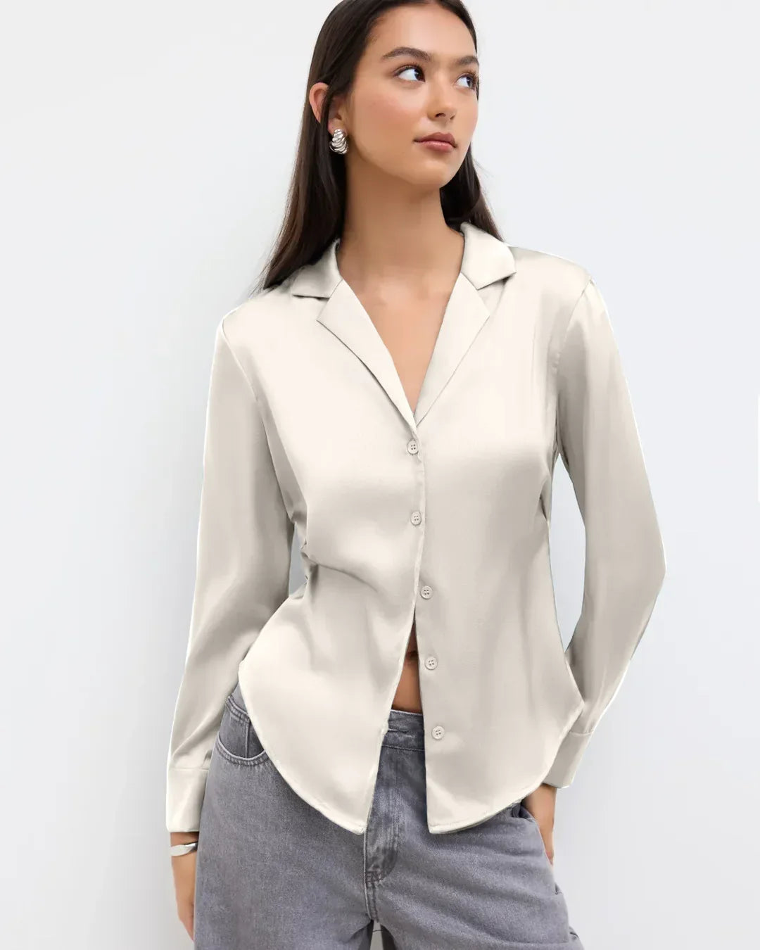 Satin Finish Front Button Collar Full Sleeve Shirt in Cream