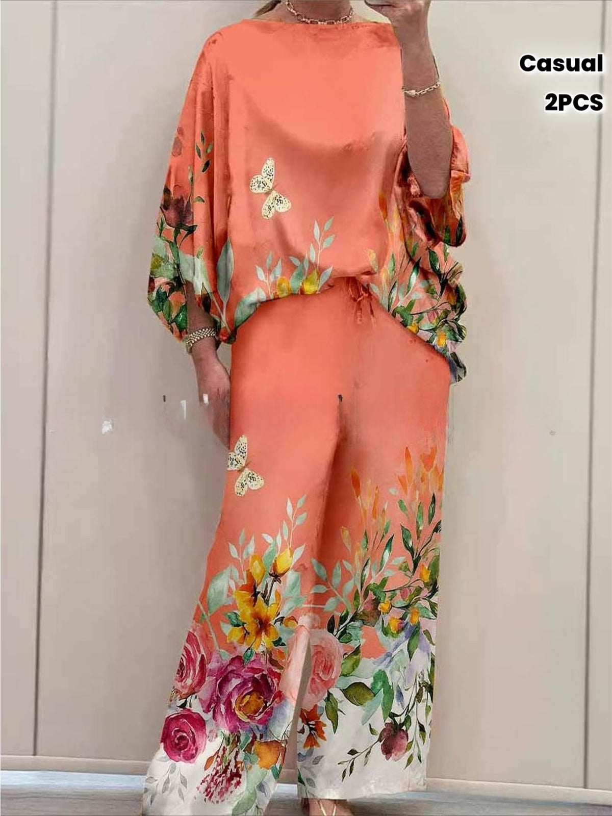 Women's Elegant Printed Batwing Sleeve Two-Piece Set