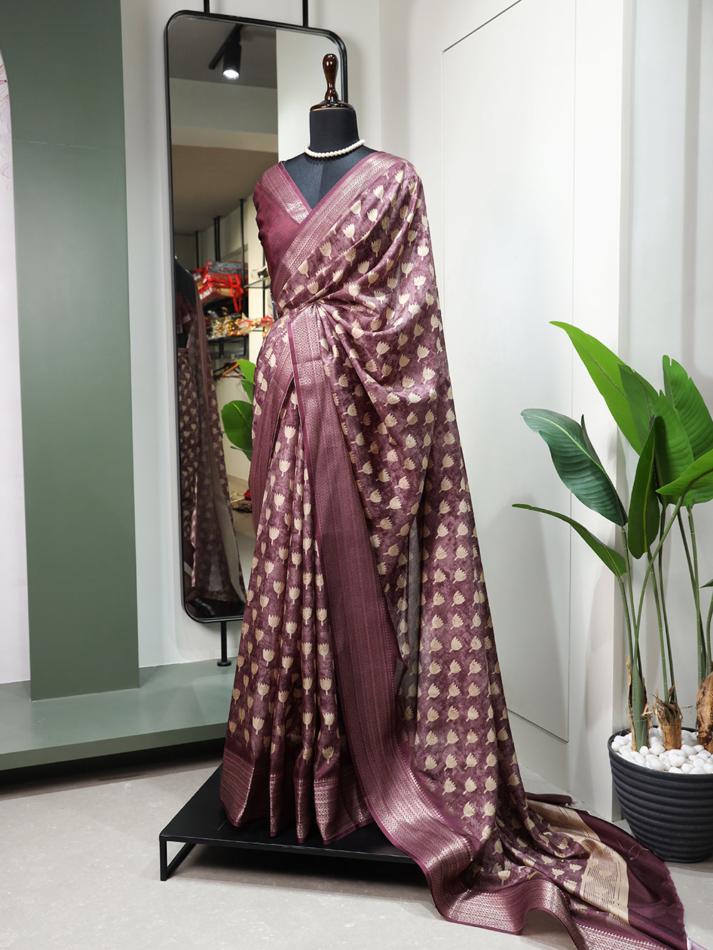 Wine Color Printed With Zari Border Dola Silk Saree