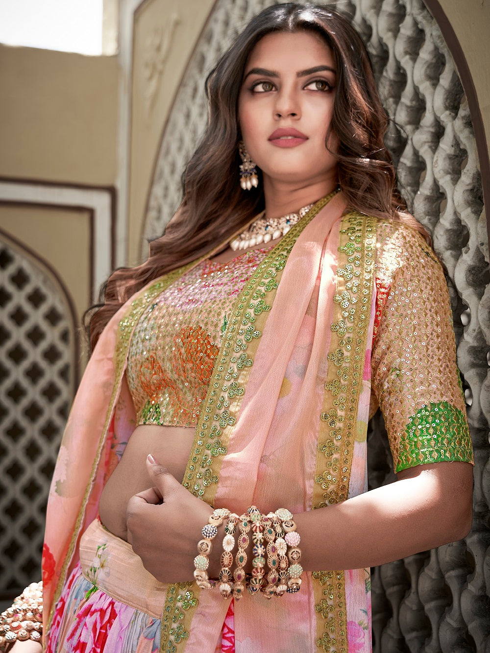 Peach Color Digital Print With Sequins Embroidery Work Crushed Chinon Lehenga Choli