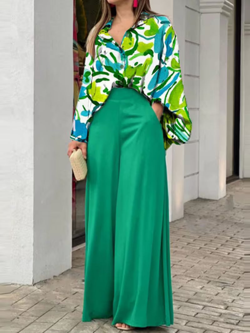 Women’s Printed Shirt & Wide-Leg Trousers Set – Casual Fashion Outfit