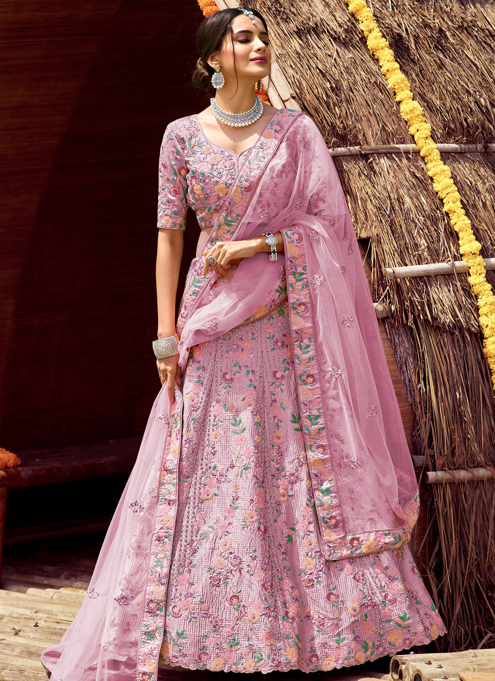 Pink Embroidered Satin Semi Stitched Lehenga