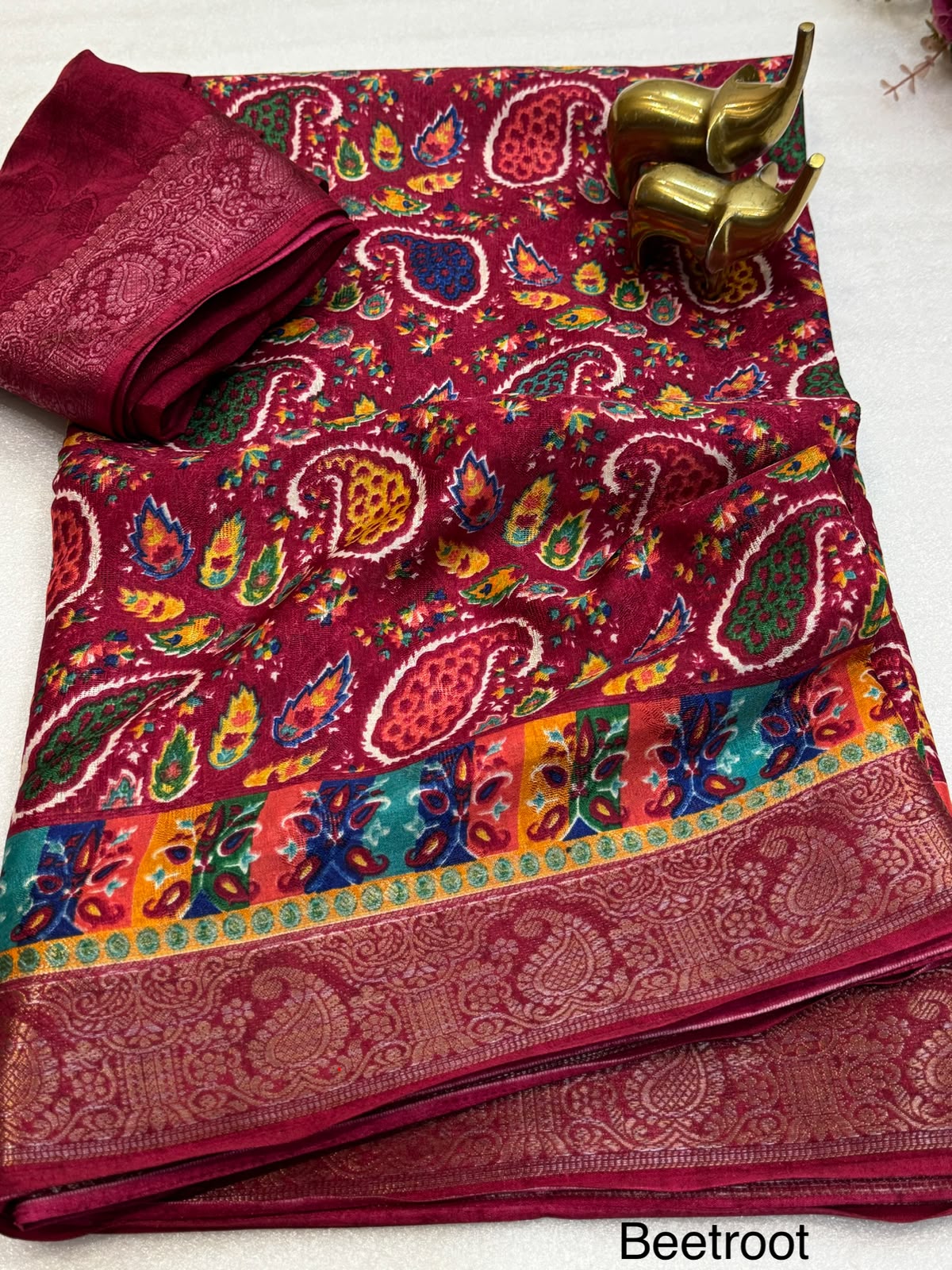 Beetroot Dola Jute Print Saree with Golden Weaving Border & Running Blouse