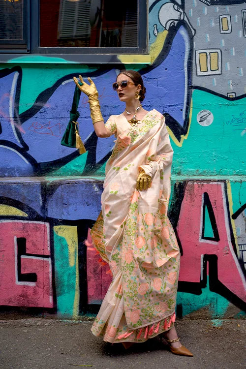 Beige Banarasi Silk Saree with Zari Kashmiri Weaving  & Unstitched Blouse