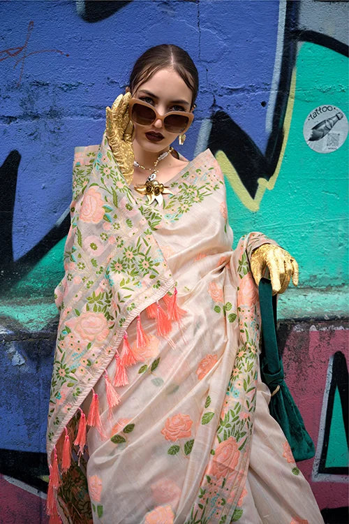 Beige Banarasi Silk Saree with Zari Kashmiri Weaving  & Unstitched Blouse