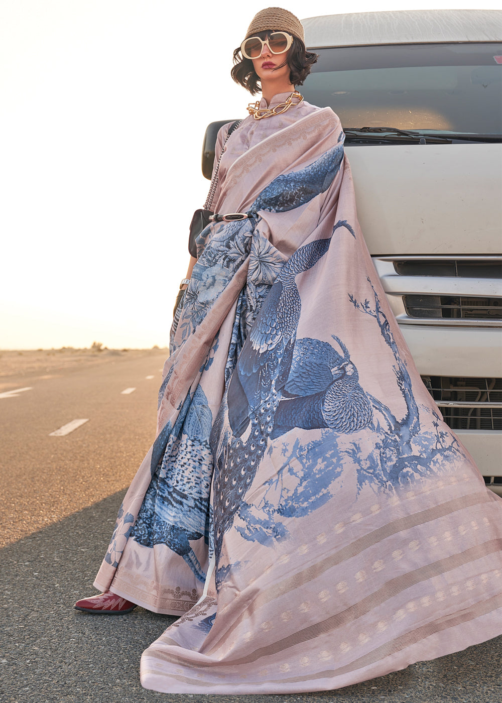 Beige & Blue Elegant Tussar Silk Blend Saree with Blouse Piece
