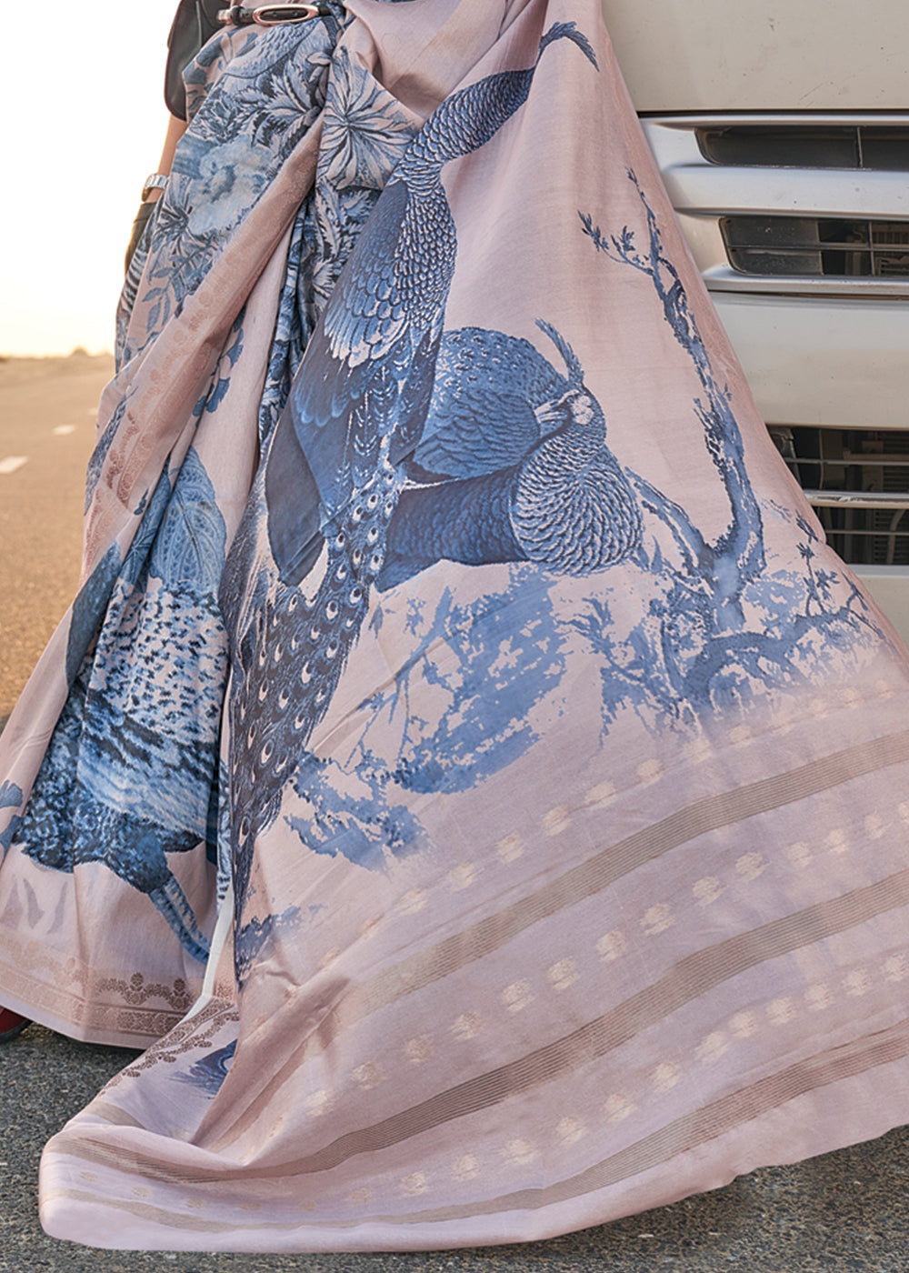 Beige & Blue Elegant Tussar Silk Blend Saree with Blouse Piece