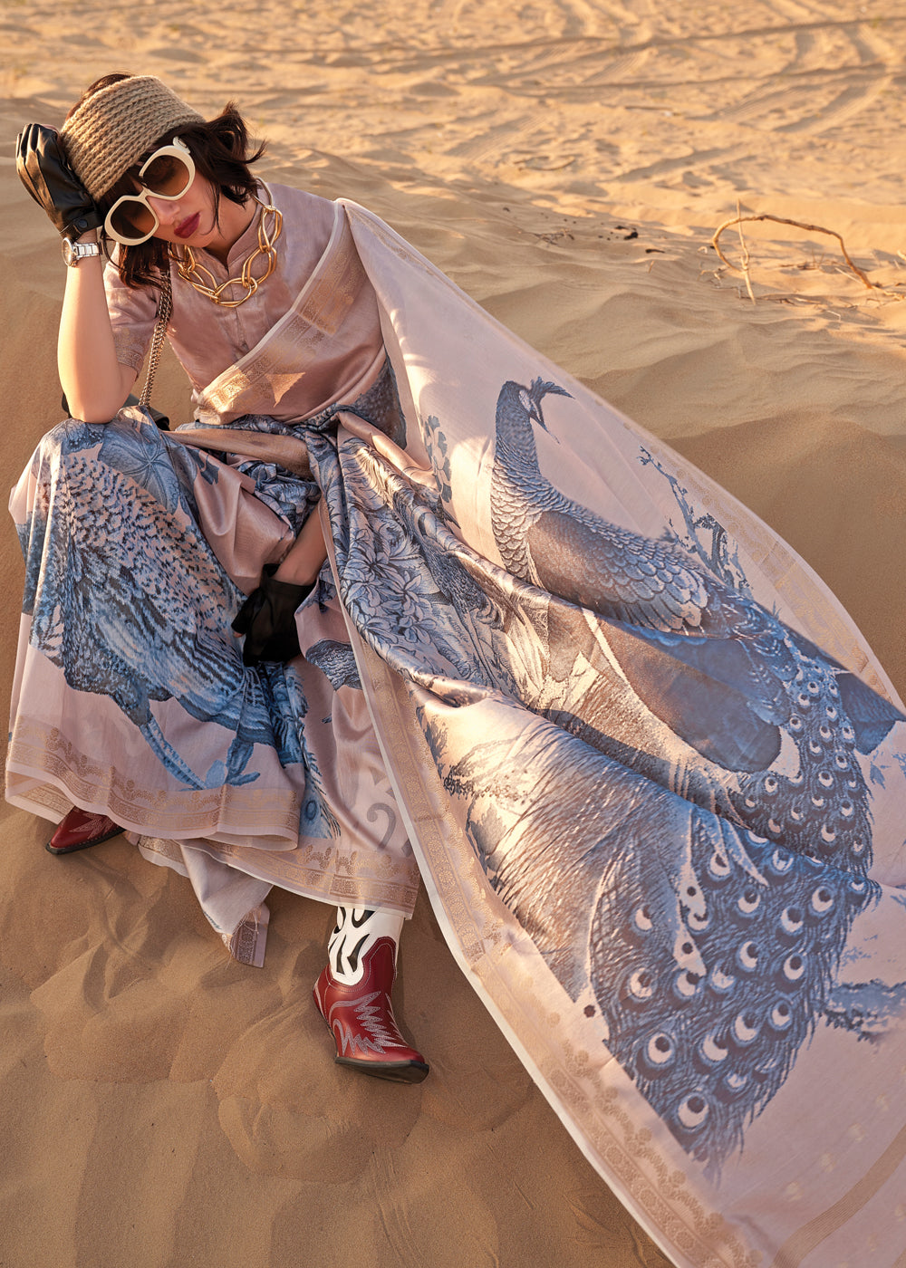 Beige & Blue Elegant Tussar Silk Blend Saree with Blouse Piece