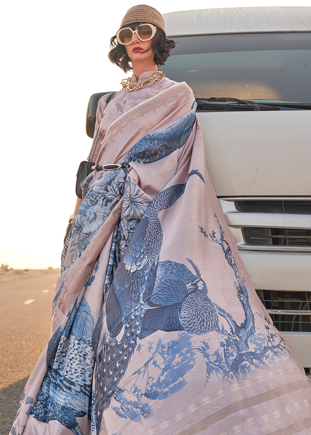 Beige & Blue Elegant Tussar Silk Blend Saree with Blouse Piece