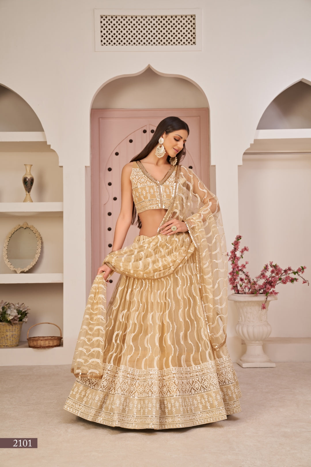 Beige Chiqu Butterfly Net Lehenga with White Cotton Thread, Zari, and Sandwich Sequence Embroidery