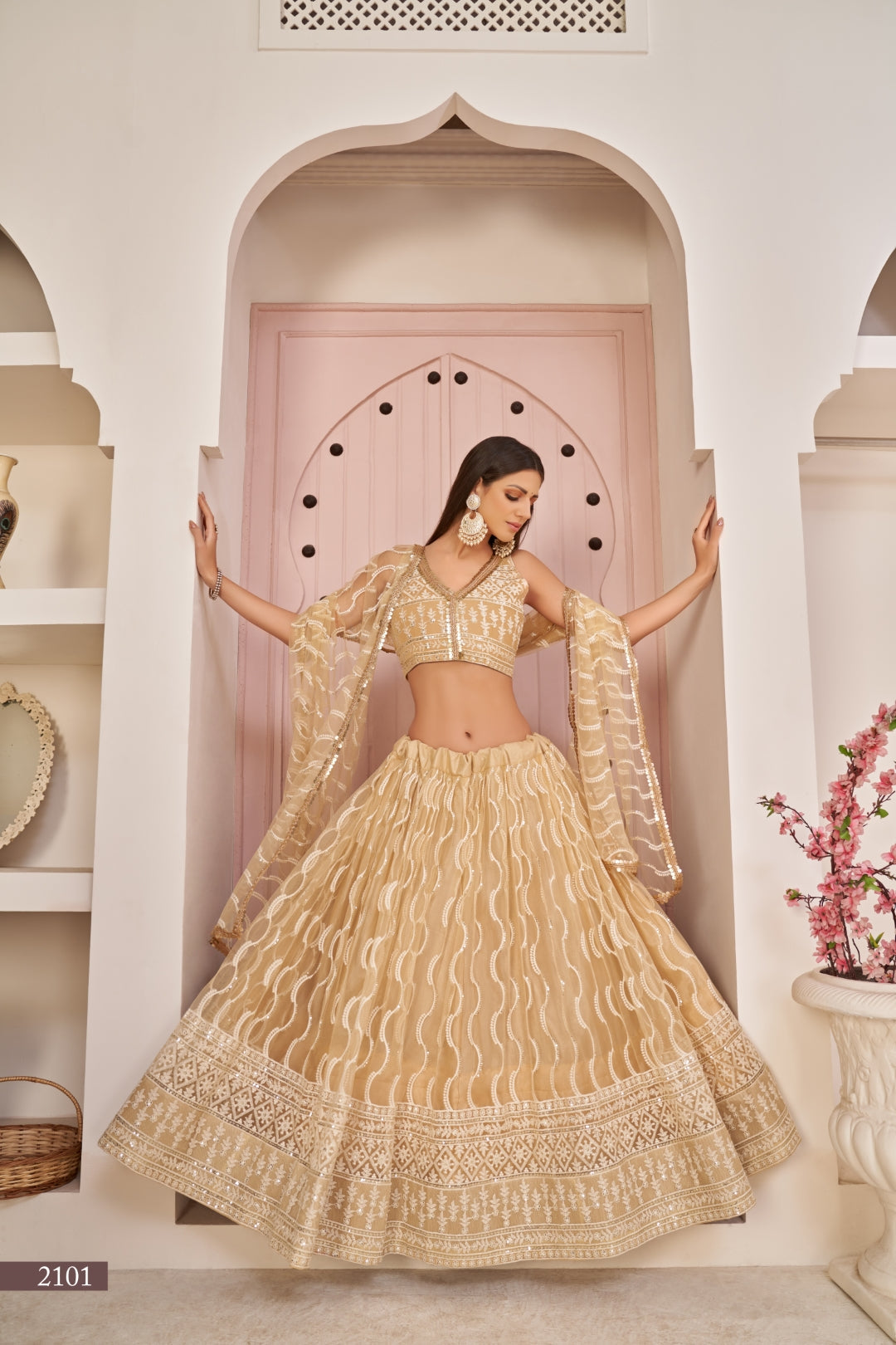 Beige Chiqu Butterfly Net Lehenga with White Cotton Thread, Zari, and Sandwich Sequence Embroidery