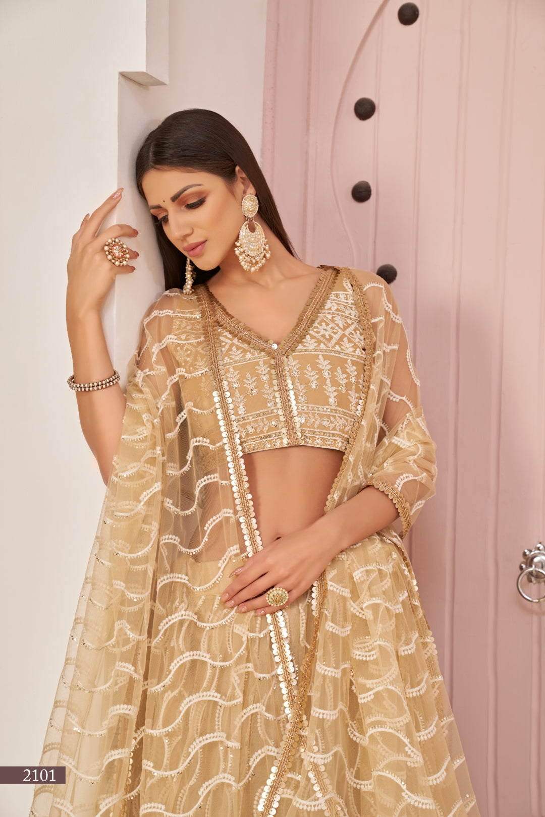 Beige Chiqu Butterfly Net Lehenga with White Cotton Thread, Zari, and Sandwich Sequence Embroidery