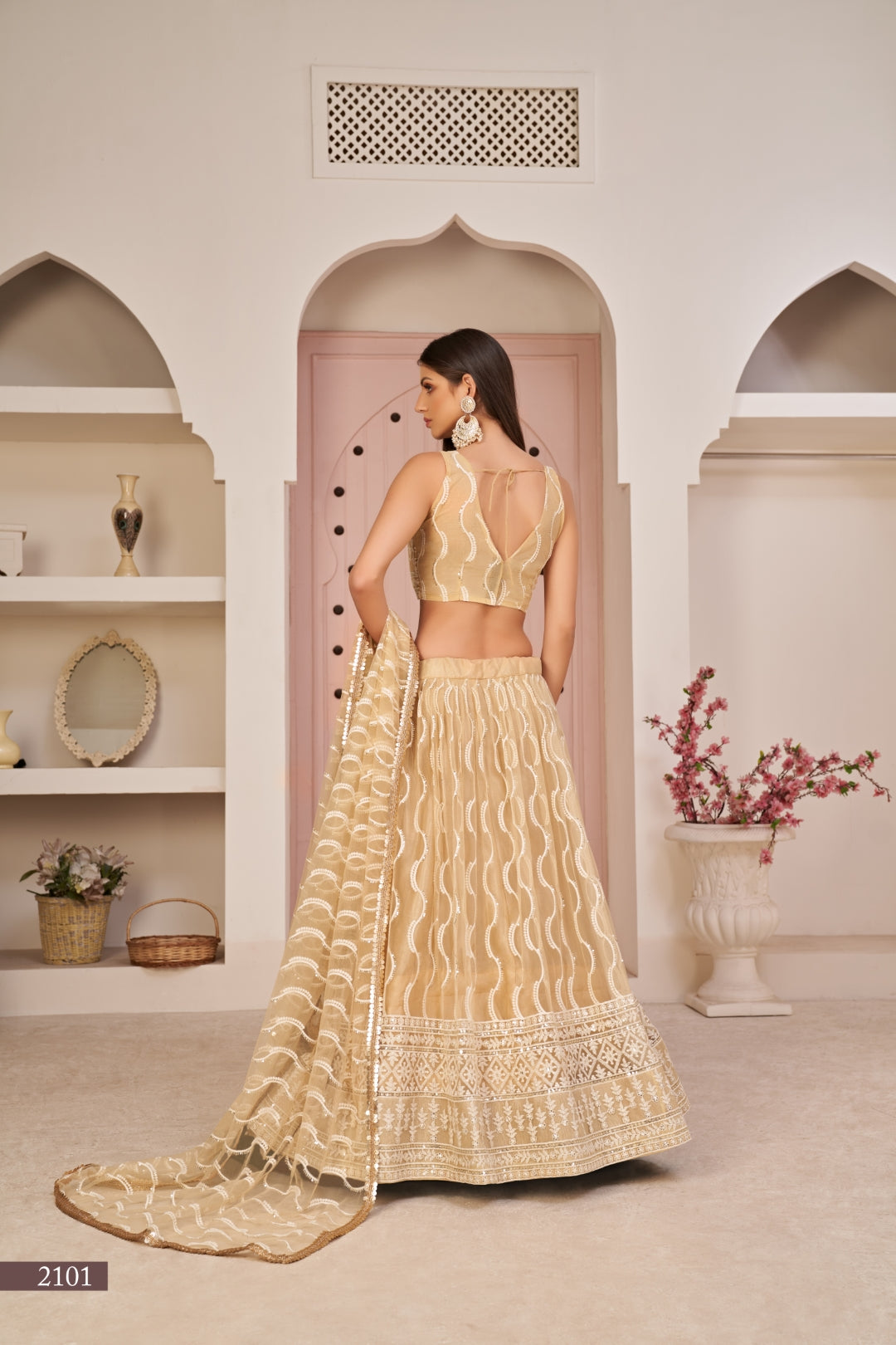 Beige Chiqu Butterfly Net Lehenga with White Cotton Thread, Zari, and Sandwich Sequence Embroidery