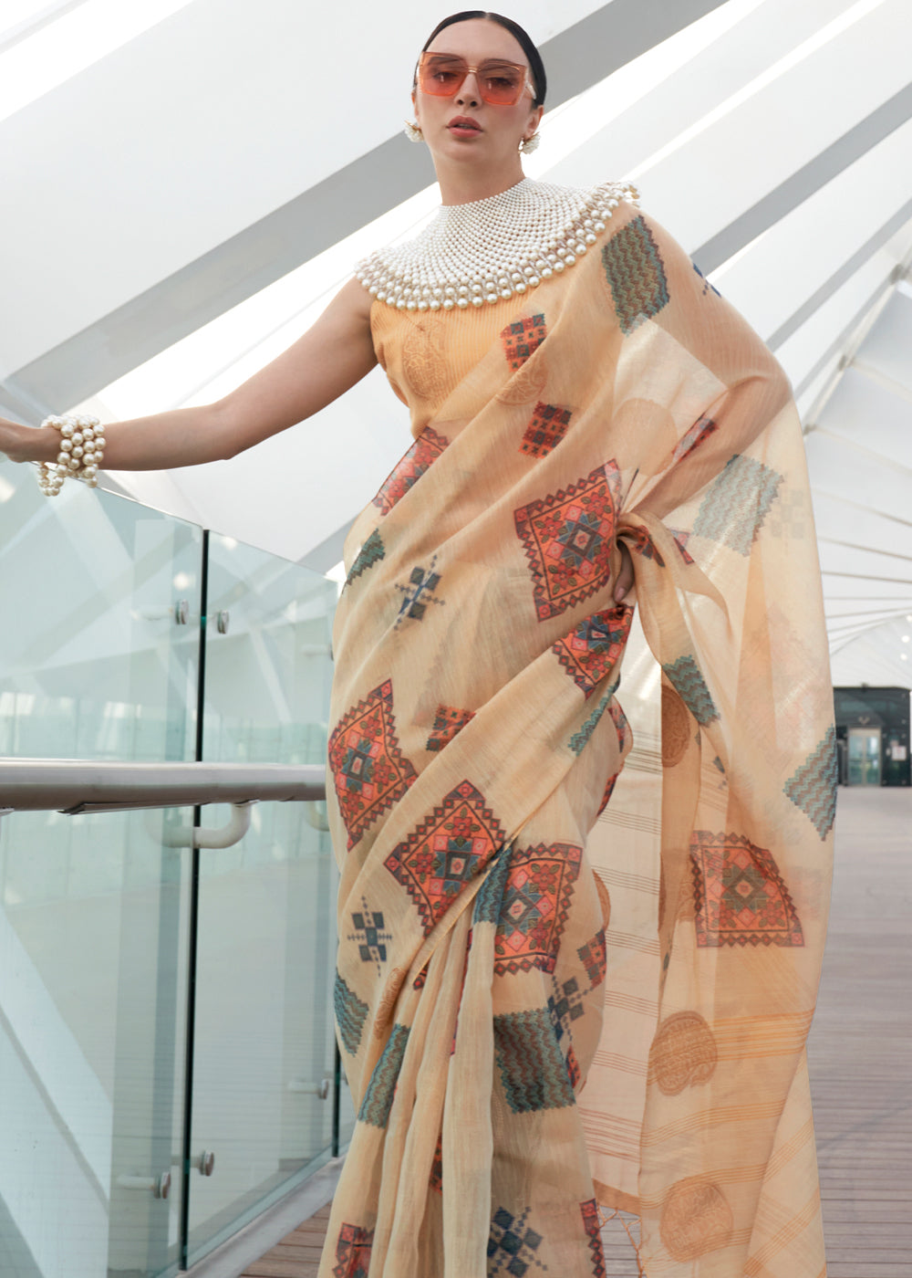 Beige Elegant Linen Silk Saree – Breathable & Stylish with Blouse Piece