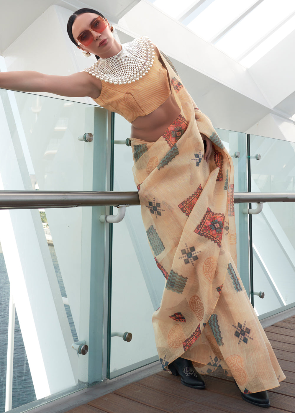 Beige Elegant Linen Silk Saree – Breathable & Stylish with Blouse Piece