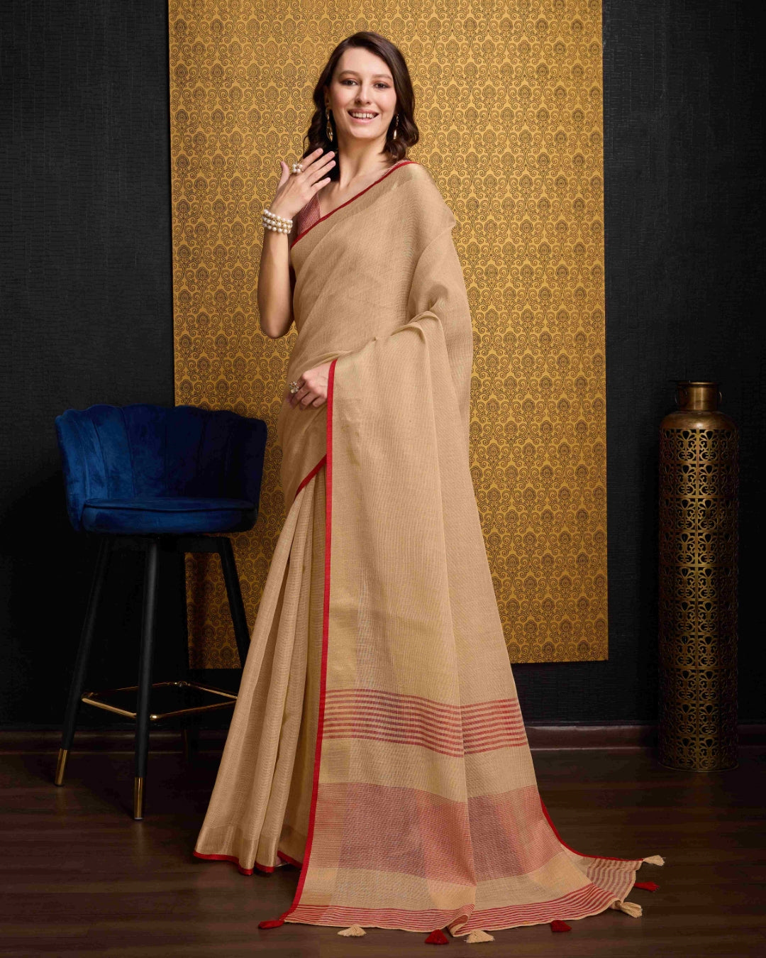 Beige Elegant Solid Saree with Zari Border – Timeless Grace