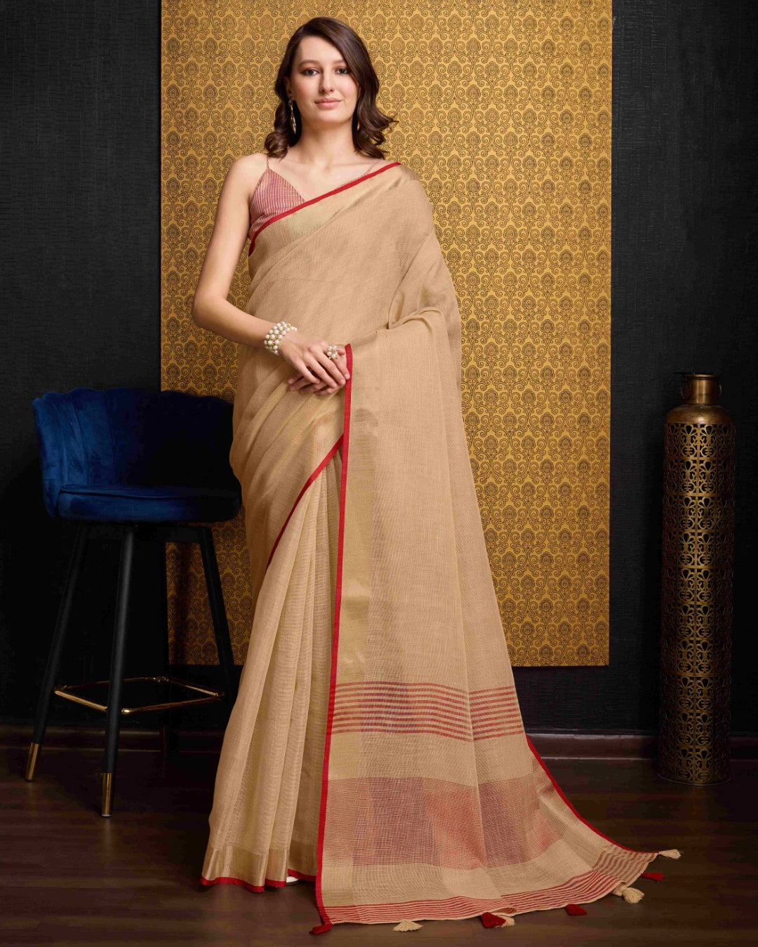 Beige Elegant Solid Saree with Zari Border – Timeless Grace