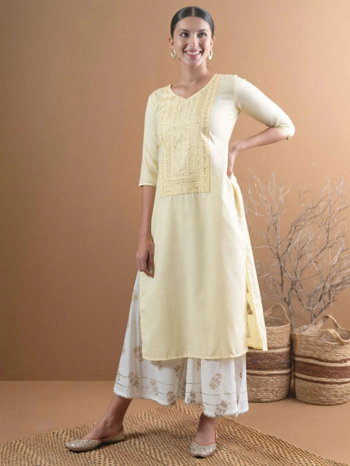 Anouk Beige Embroidered Cotton Kurta With Mask