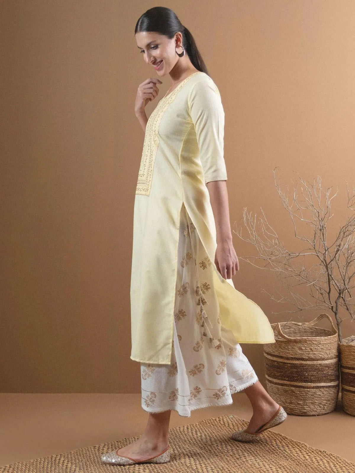 Anouk Beige Embroidered Cotton Kurta With Mask