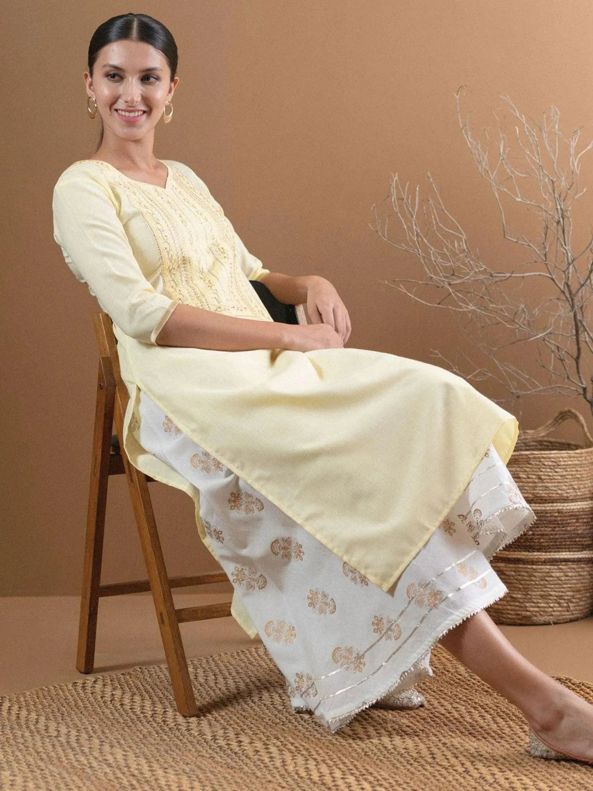 Anouk Beige Embroidered Cotton Kurta With Mask