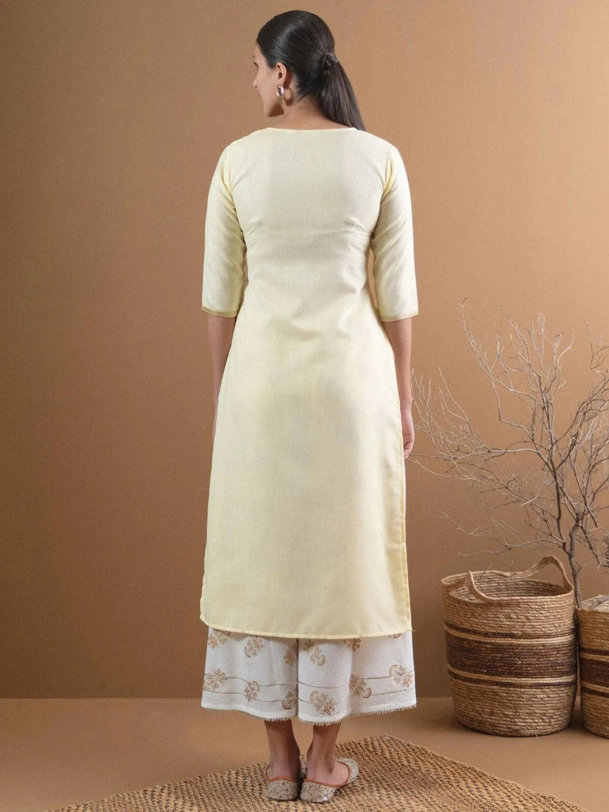 Anouk Beige Embroidered Cotton Kurta With Mask