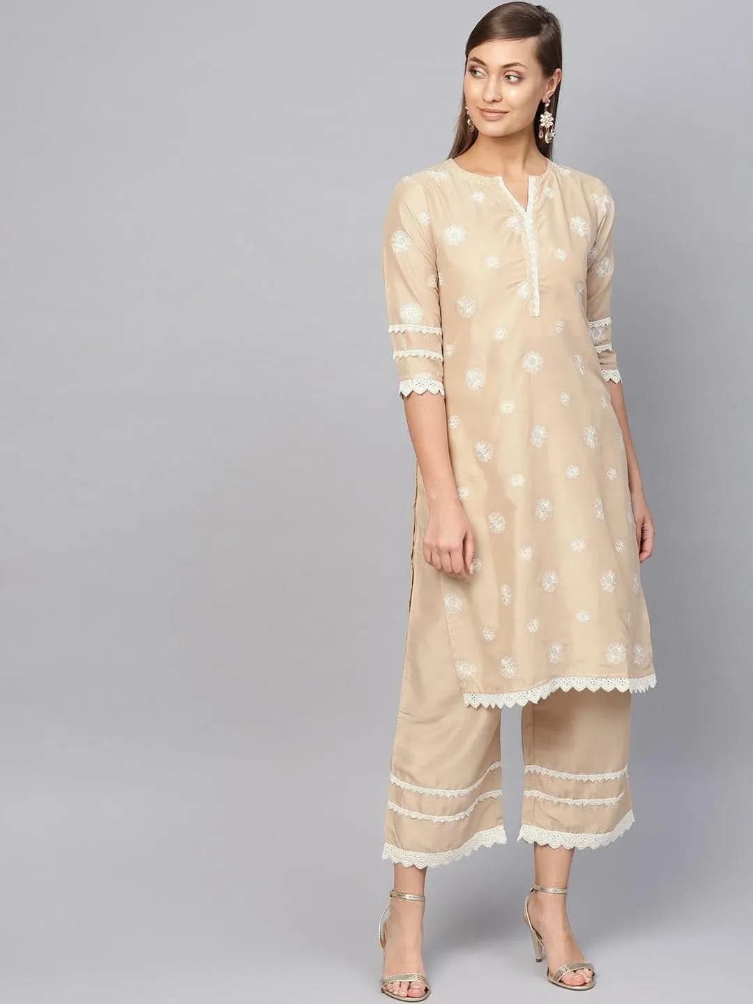 Anouk Beige Embroidered Muslin Straight Kurta With Palazzos