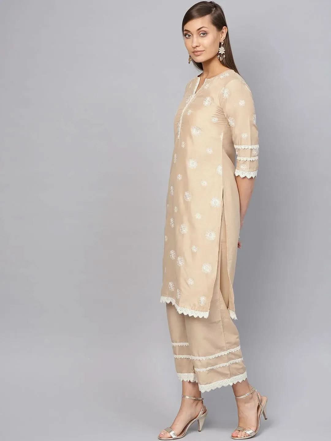 Anouk Beige Embroidered Muslin Straight Kurta With Palazzos
