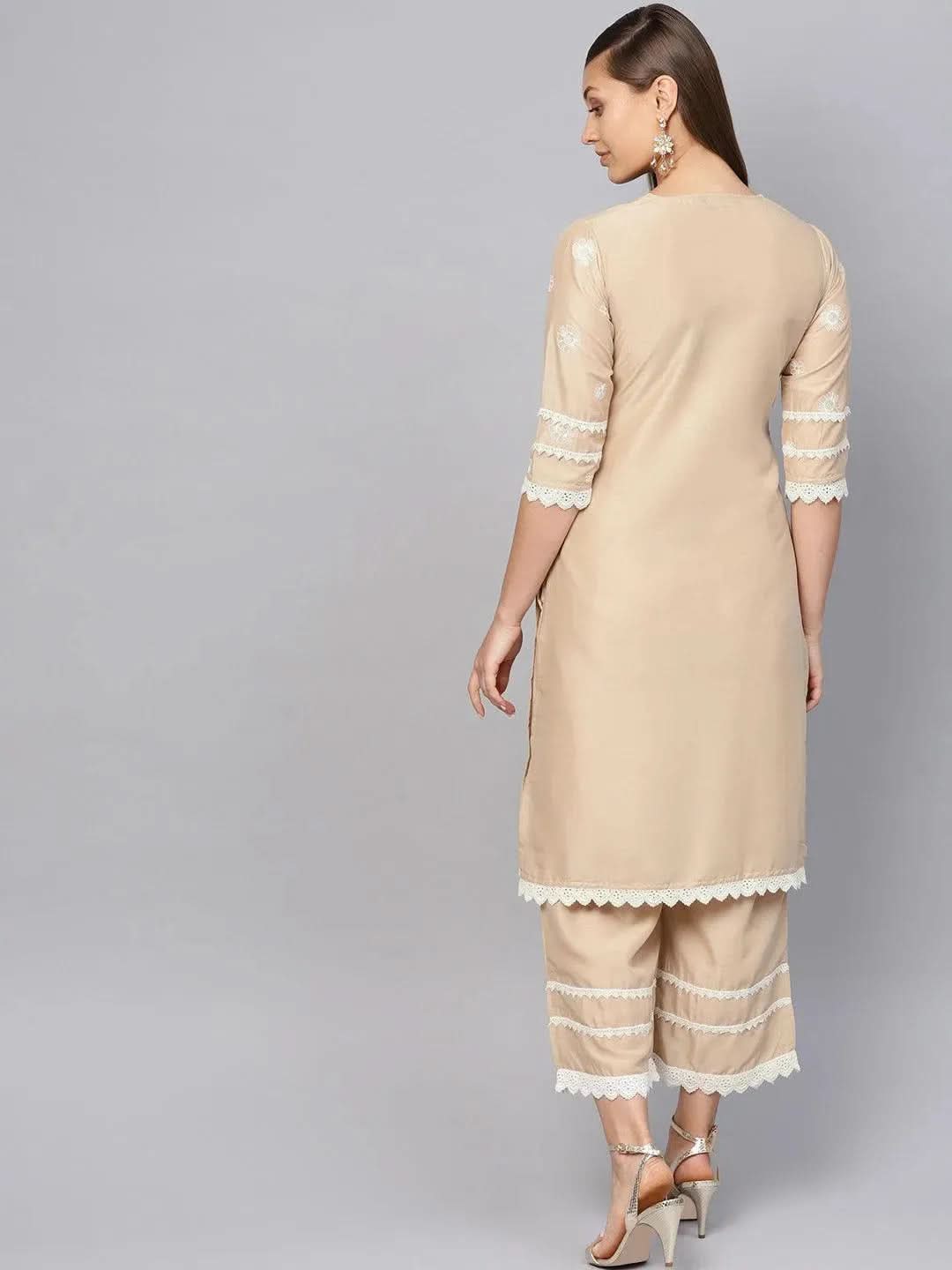 Anouk Beige Embroidered Muslin Straight Kurta With Palazzos
