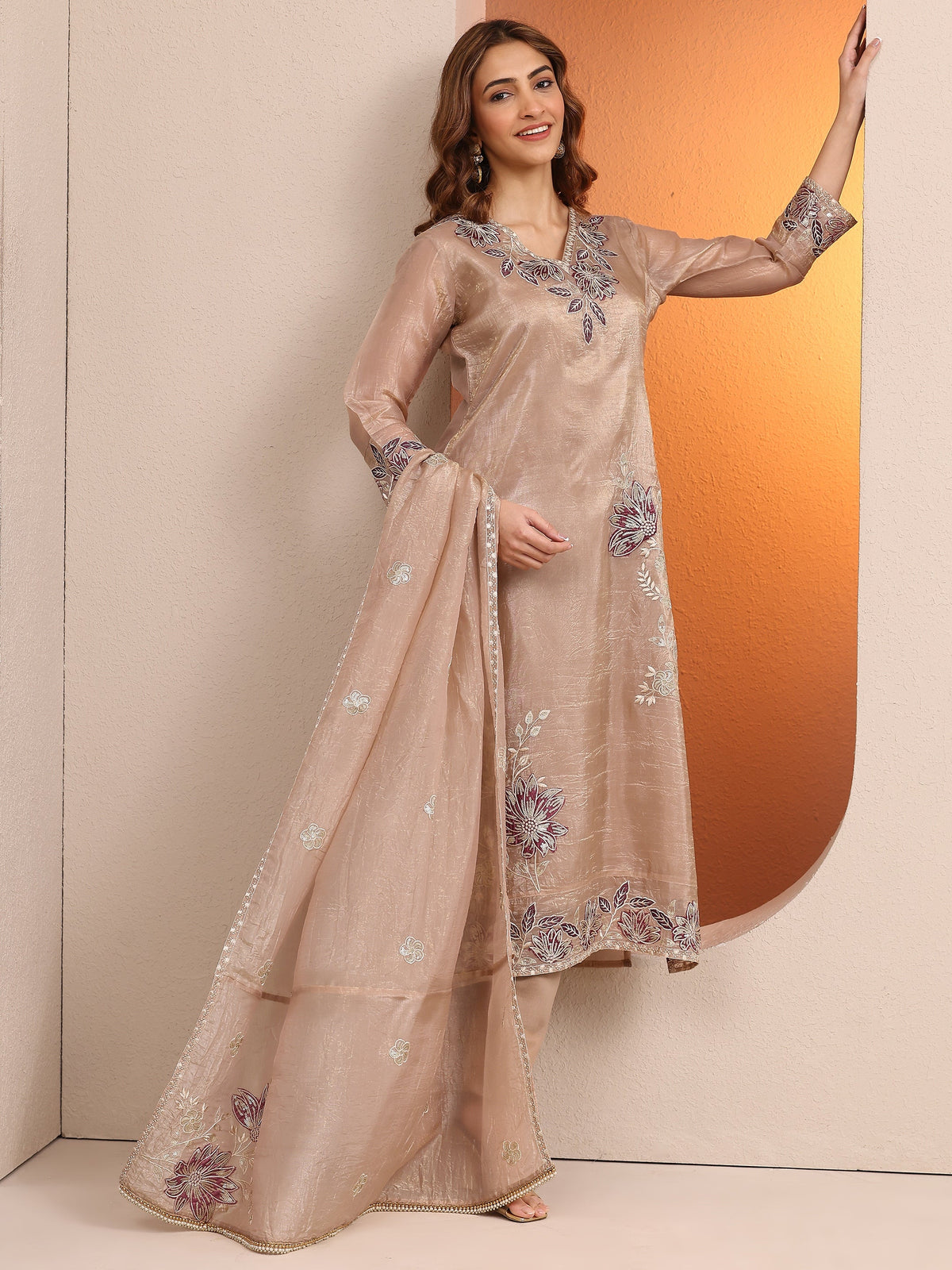 Anouk Beige Embroidered Organza Straight Suit Set With Dupatta