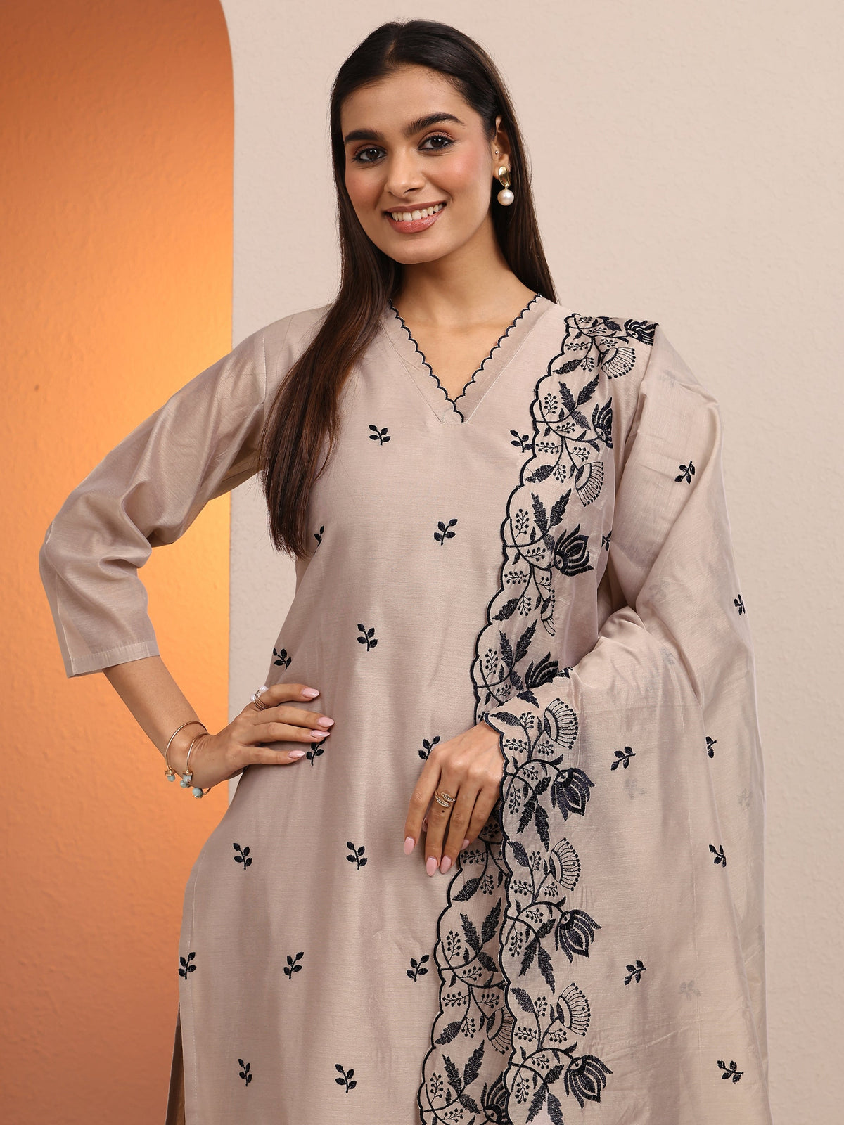 Anouk Beige Embroidered Silk blend Straight Suit Set With Dupatta