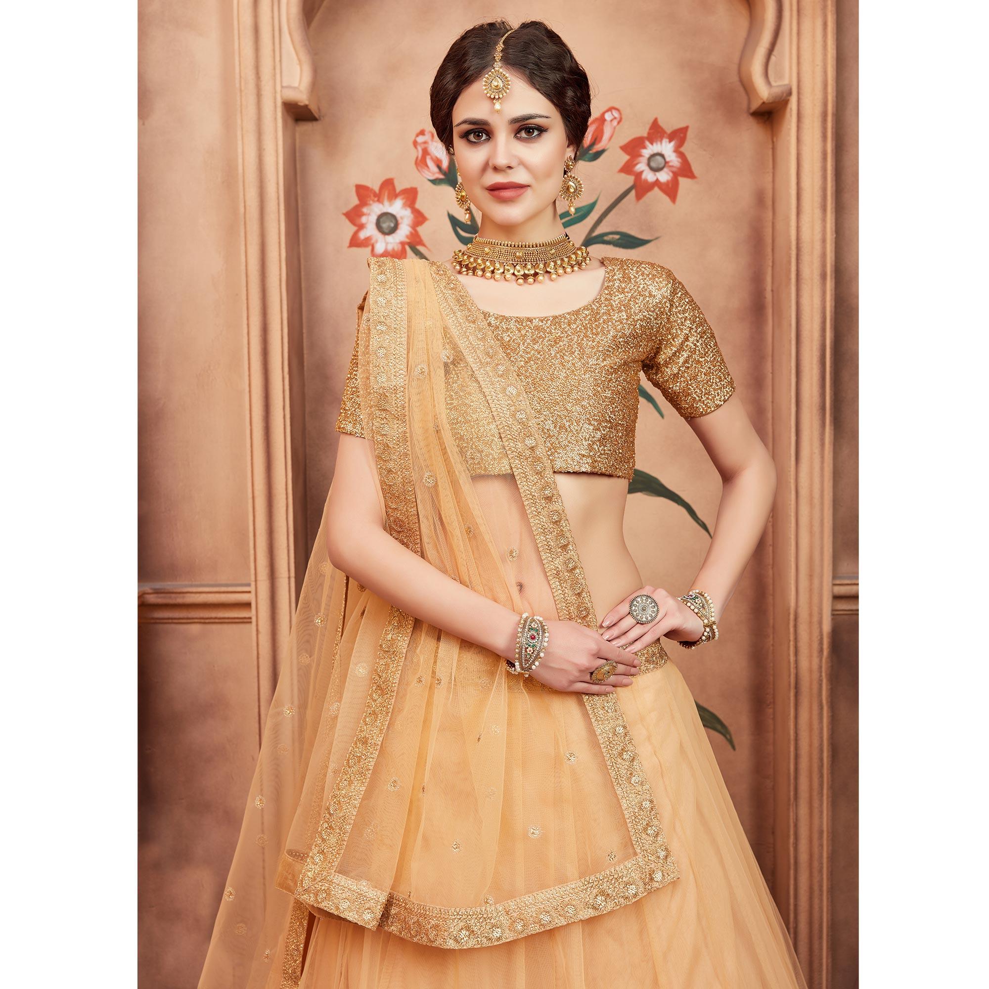 Beige Festive Wear Sequins Dori Work Soft Net Lehenga Choli
