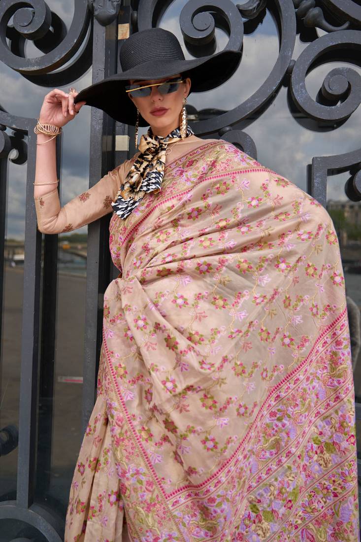 Beige Graceful Organza Silk Parsi Handloom Weaving Saree with Blouse Piece